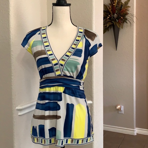 BCBGMAXAZRIA blue, green, brown & yellow geometric striped short sleeve top - Picture 1 of 17